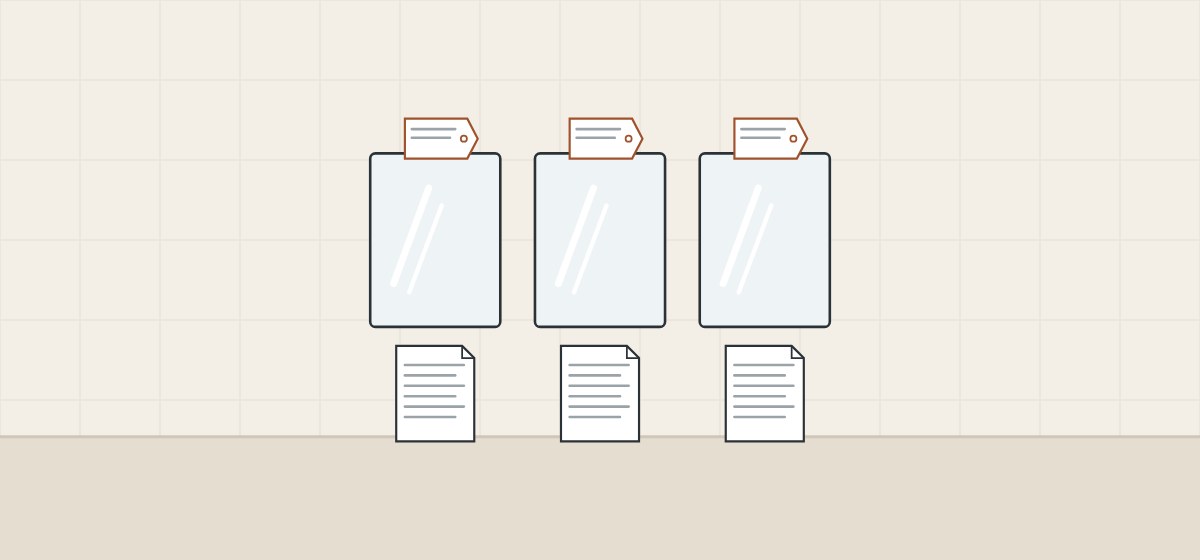 Illustration of three mirrors, each with a product tag and its own document