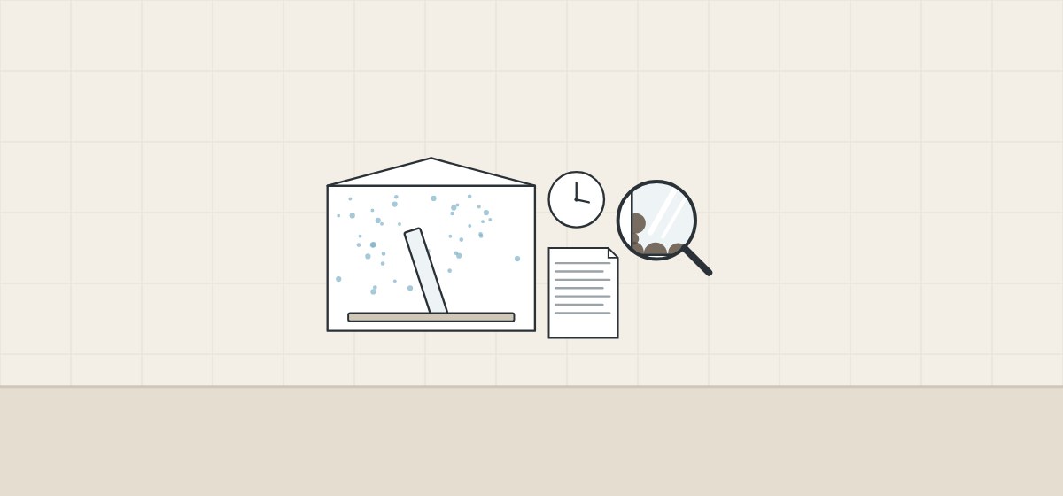 Illustration of a test cabinet with mist around a mirror sample, a clock, a report and a magnifier over a mirror edge