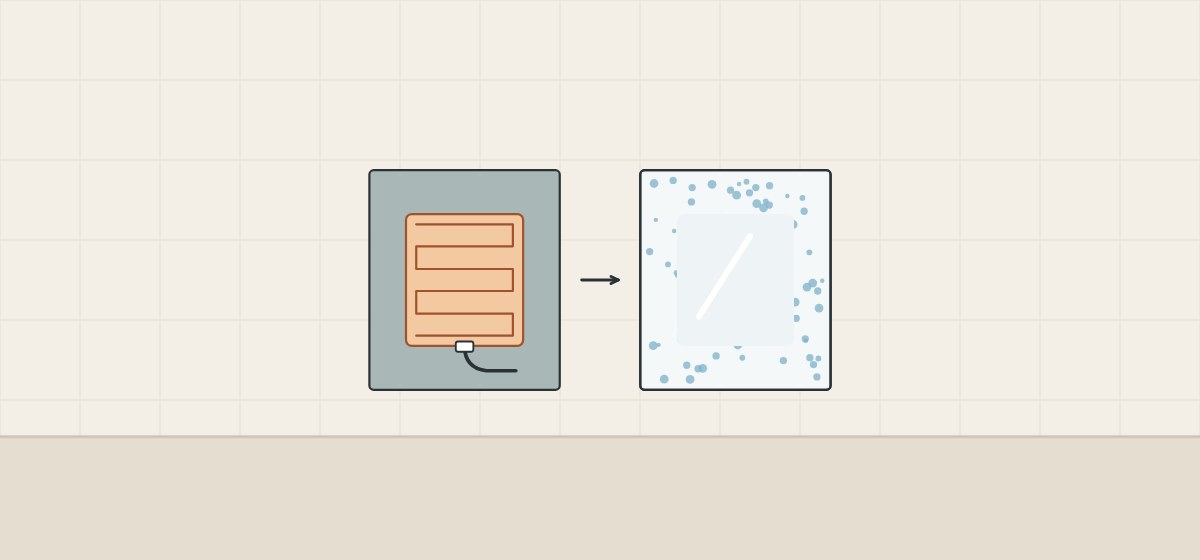 Illustration of a heating element on the back of a mirror and the front of the mirror clear over the element and fogged around it