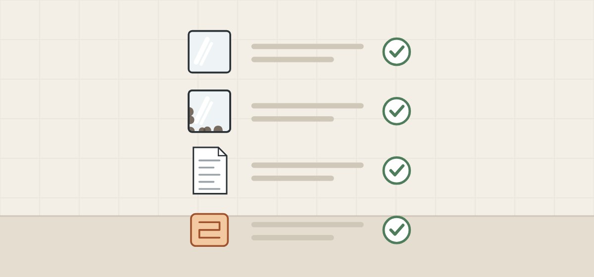 Illustration of a ticked checklist with a mirror, a mirror edge, a test document and a heating element