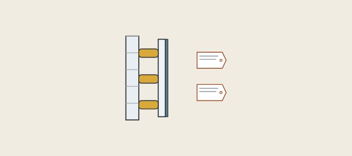 Illustration: a mirror with a backing layer fixed to a tiled wall by adhesive pads, with two product tags