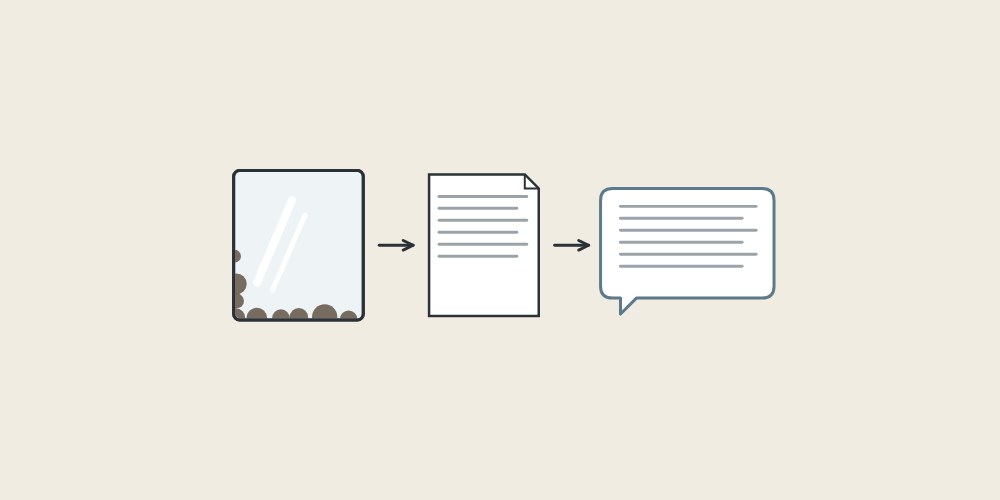 Illustration of a mirror with edge marks, a document and a message bubble linked by arrows