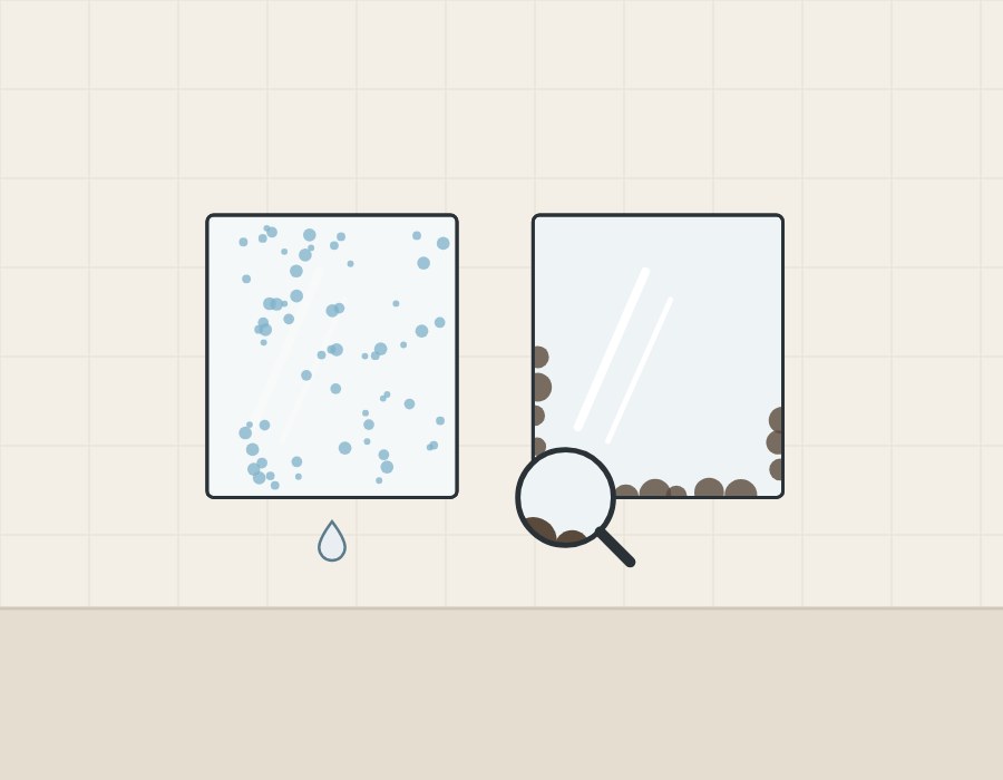 Illustration of a fogged mirror beside a clear mirror with dark edge marks under a magnifier