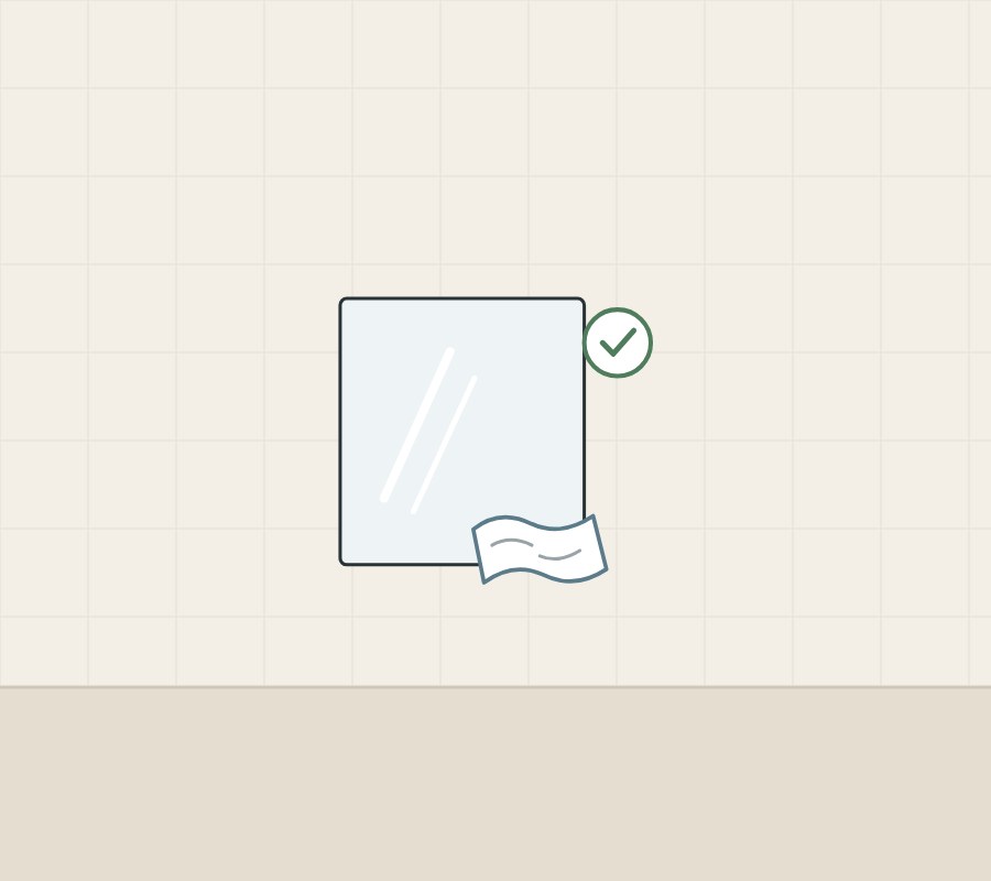 Illustration of a clear mirror with a cloth at its lower edge and a tick