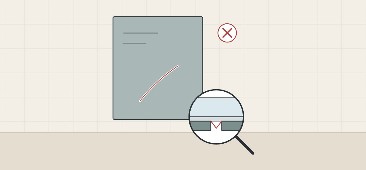 Illustration of the painted back of a mirror with a scratch, a magnifier showing the scratch through the paint layer, and a cross