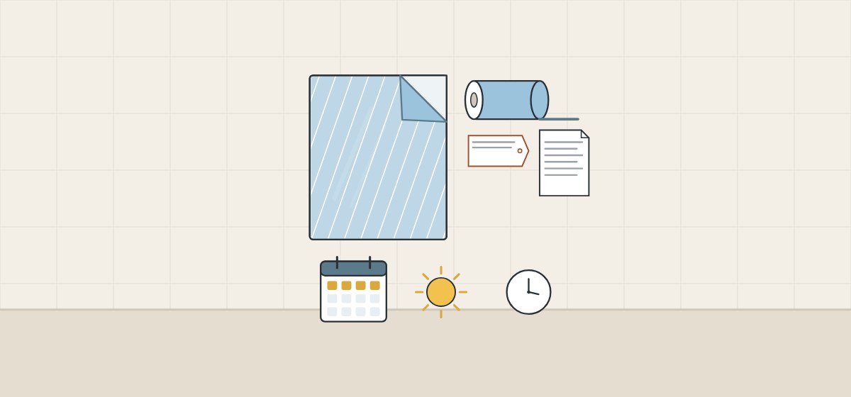 Illustration of a filmed mirror beside a roll of film with a tag and a data sheet, above a calendar, a sun and a clock
