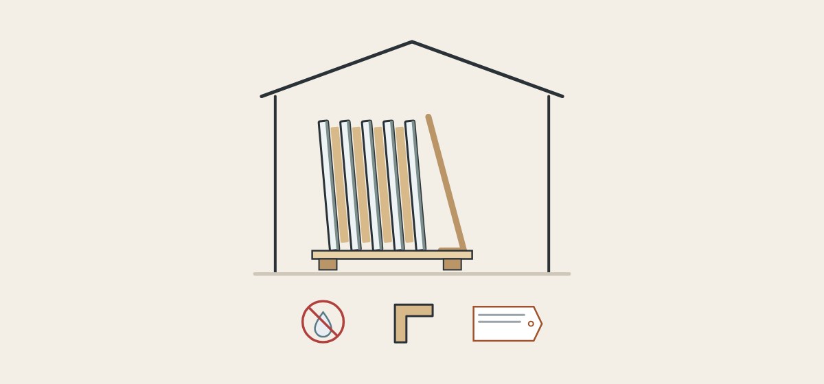 Illustration of five mirrors standing on edge under a roof with separators and blocks, beside a crossed-out water drop, a corner protector and a tag