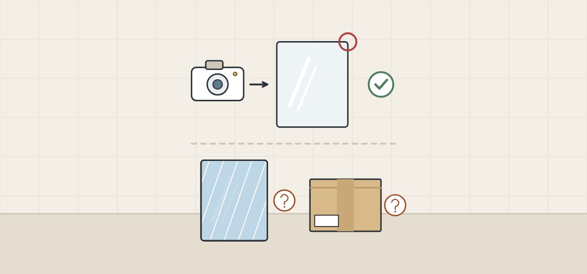 Illustration of a camera pointed at a bare mirror with a circled corner and a tick, above a filmed mirror and a closed carton, each with a question mark