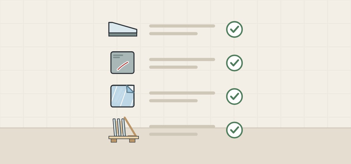Illustration of a ticked checklist with an edge cross-section, a mirror back, a filmed mirror face and mirrors packed upright