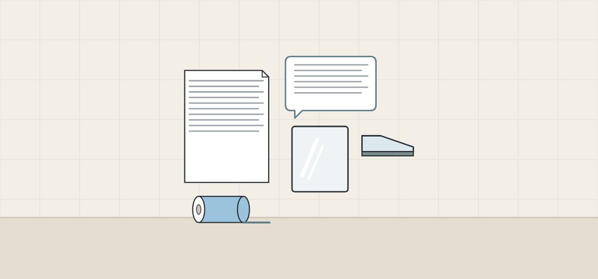 Illustration of a request document, a message bubble, a mirror, a bevelled edge cross-section and a roll of film