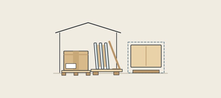 Illustration: a covered store with a carton on a pallet, glass panels standing upright and a wrapped vanity