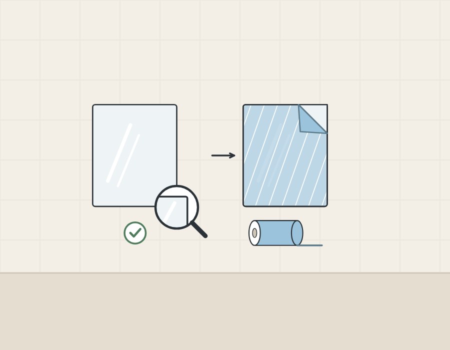 Illustration of a bare mirror with a magnifier at its corner and a tick, followed by the same mirror under a protective film with a roll of film