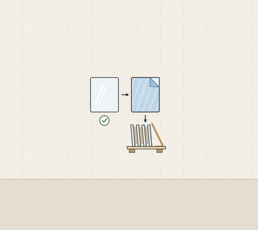 Illustration of a bare mirror with a tick, then a filmed mirror, then mirrors packed upright