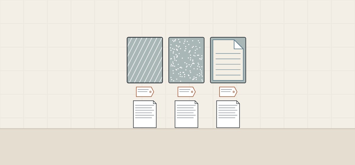 Illustration of three mirror backs, one with a hatched film, one with a dotted coat and one with a lined sticker sheet, each with its own tag and document