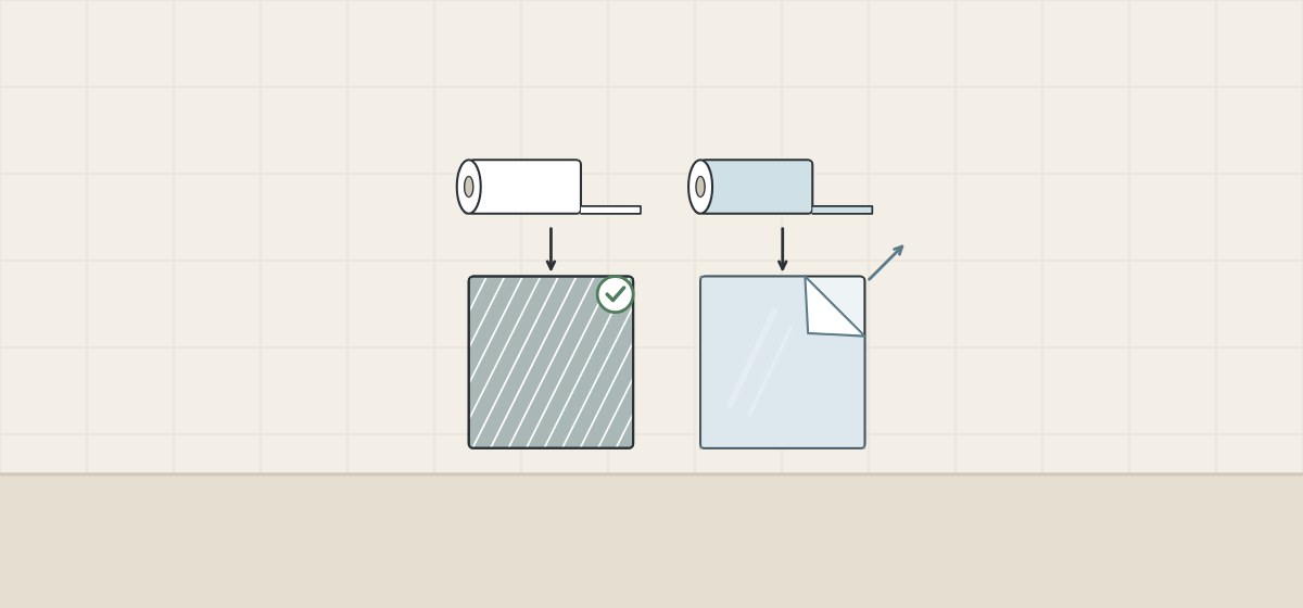 Illustration of one film roll feeding a mirror back that keeps its backing and another feeding a mirror front whose film peels away