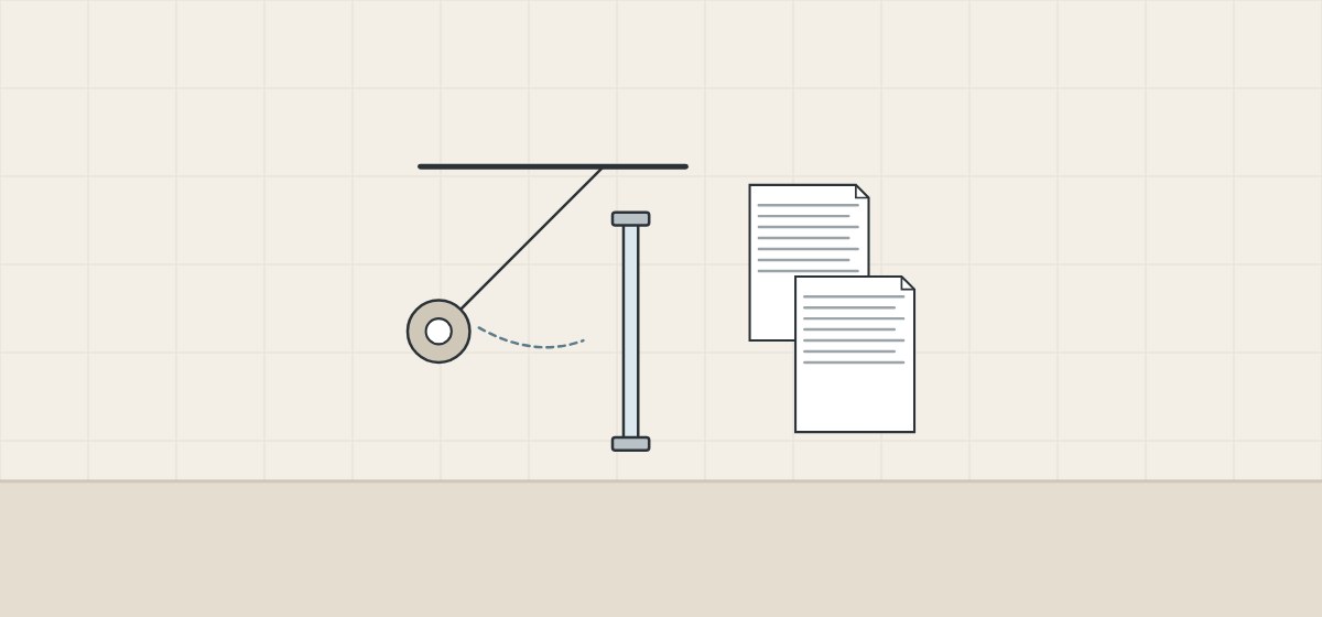 Illustration of a weight on a line swung away from a framed pane of glass, beside two standard documents