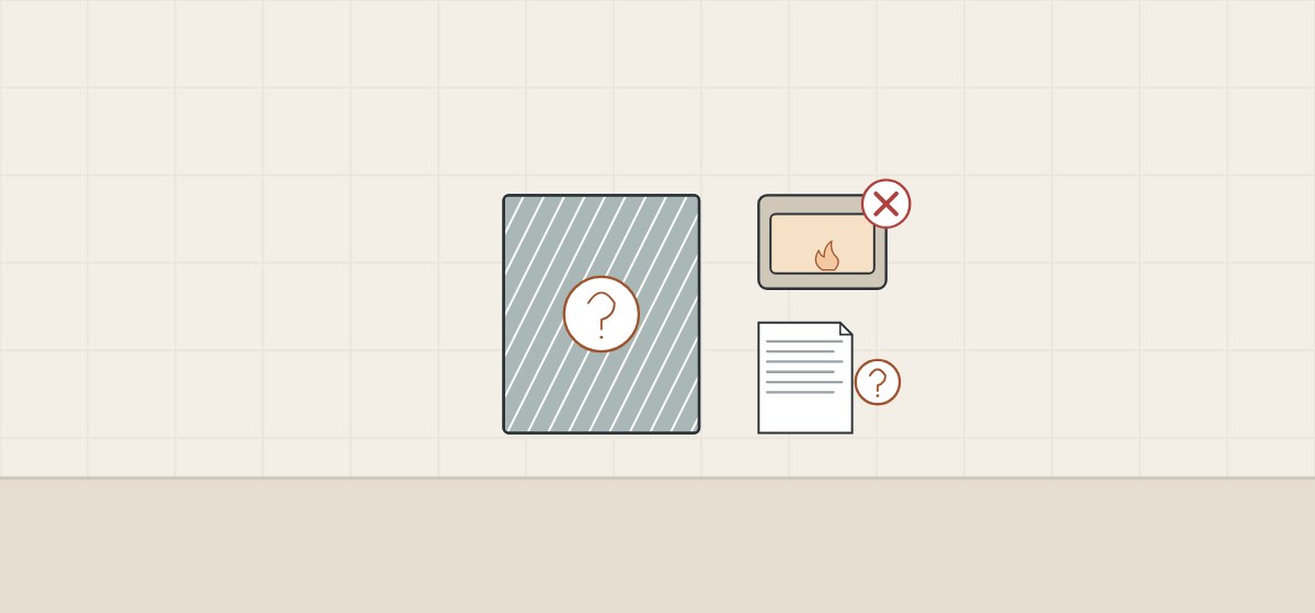 Illustration of a backed mirror with a question mark beside a crossed-out furnace and a document with a question mark