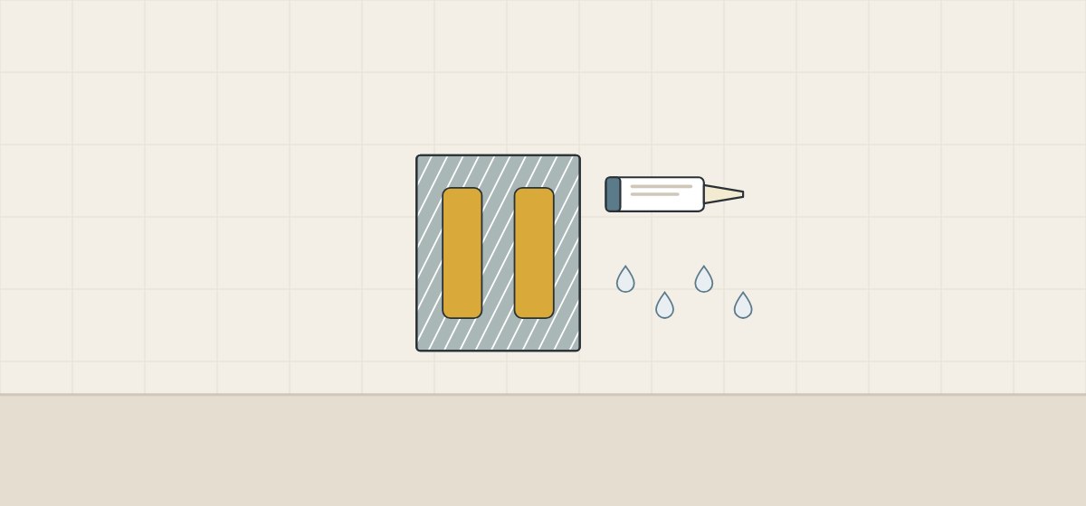 Illustration of two adhesive strips on a mirror backing film, with an adhesive cartridge and water droplets