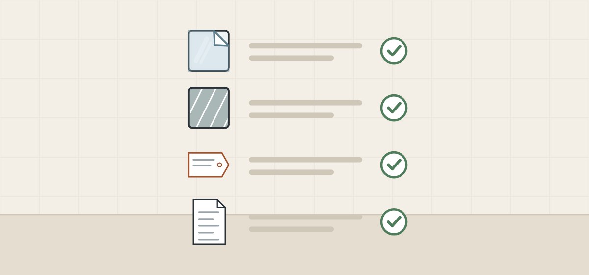 Illustration of a ticked checklist with a peeling front film, a backed mirror, a product tag and a document