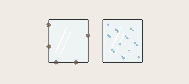 Illustration: two mirrors: one with dark spots along its edges, one with water droplets across its face