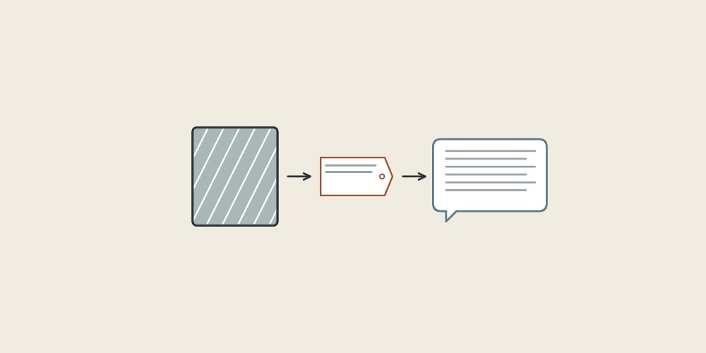Illustration of a backed mirror, a product tag and a message bubble linked by arrows
