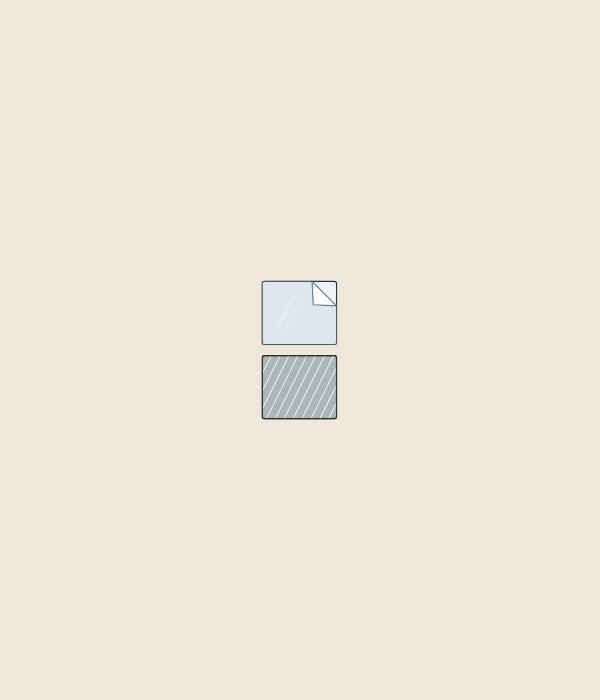 Illustration of a mirror front with a film peeling at one corner above a mirror back covered by a hatched backing film