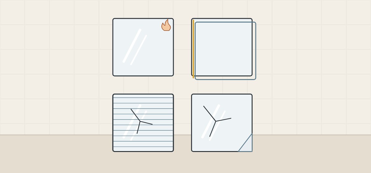 Illustration of four mirror safety routes: heat-treated, laminated, factory-backed and film-backed panels