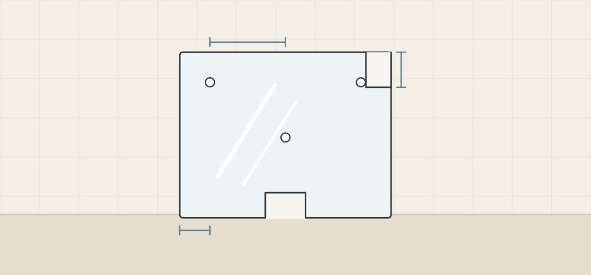 Illustration of a mirror blank with three holes, a notch and a corner cutout, with dimension lines