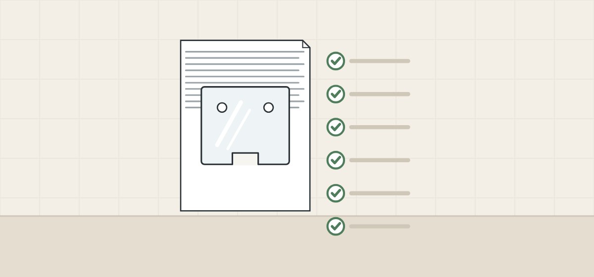 Illustration of a mirror drawing with holes and a notch beside a ticked checklist