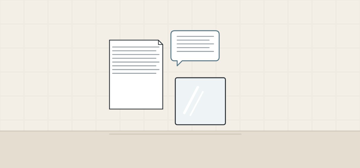 Illustration of a drawing sheet, a message bubble and a mirror sample on a table