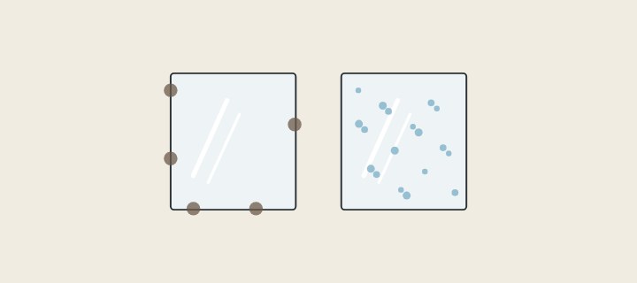 Illustration: two mirrors: one with dark spots along its edges, one with water droplets across its face