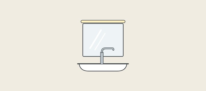 Illustration: a mirror with a light bar above a basin and faucet