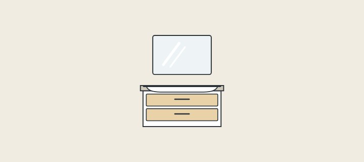 Illustration: a vanity set: mirror above a basin on a two-drawer cabinet