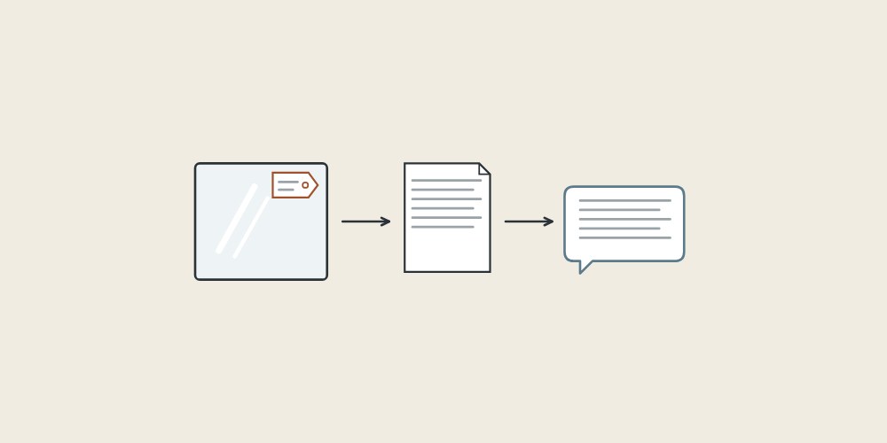 Illustration of a tagged mirror, a drawing sheet and a message bubble linked by arrows