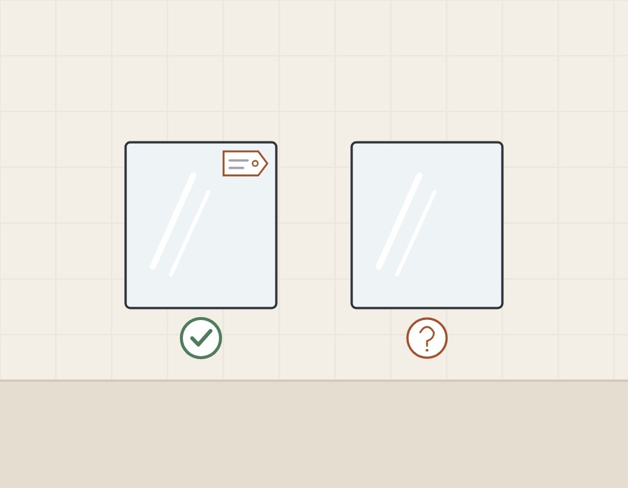 Illustration of a tagged mirror with a tick beside an untagged mirror with a question mark
