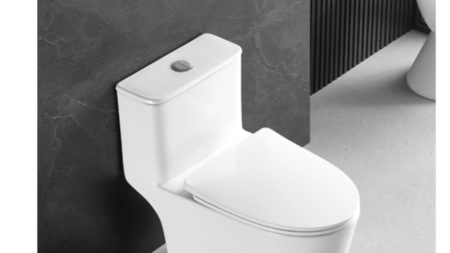 A one-piece toilet shown against a gray background