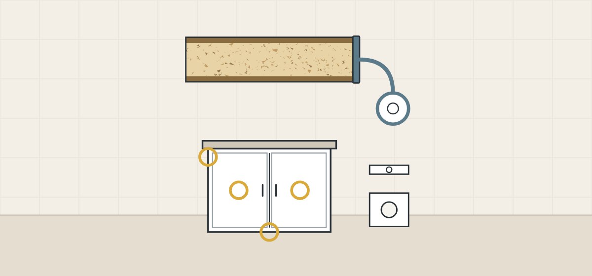 Illustration of a board section with a banded edge and a roll of edge band above a cabinet with its parts circled