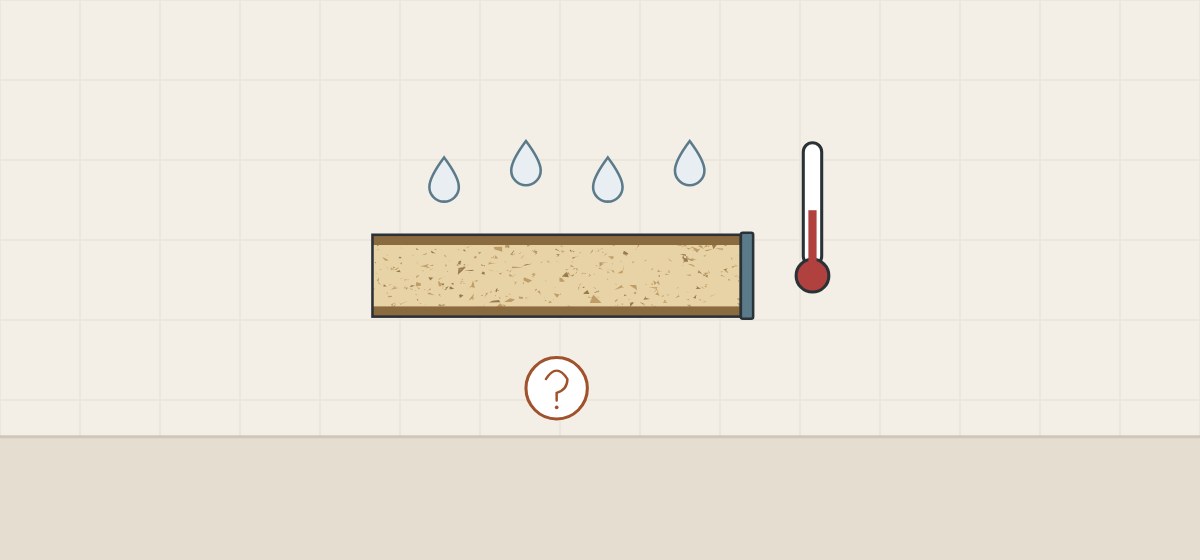 Illustration of a faced board section with water droplets above it, a thermometer beside it and a question mark