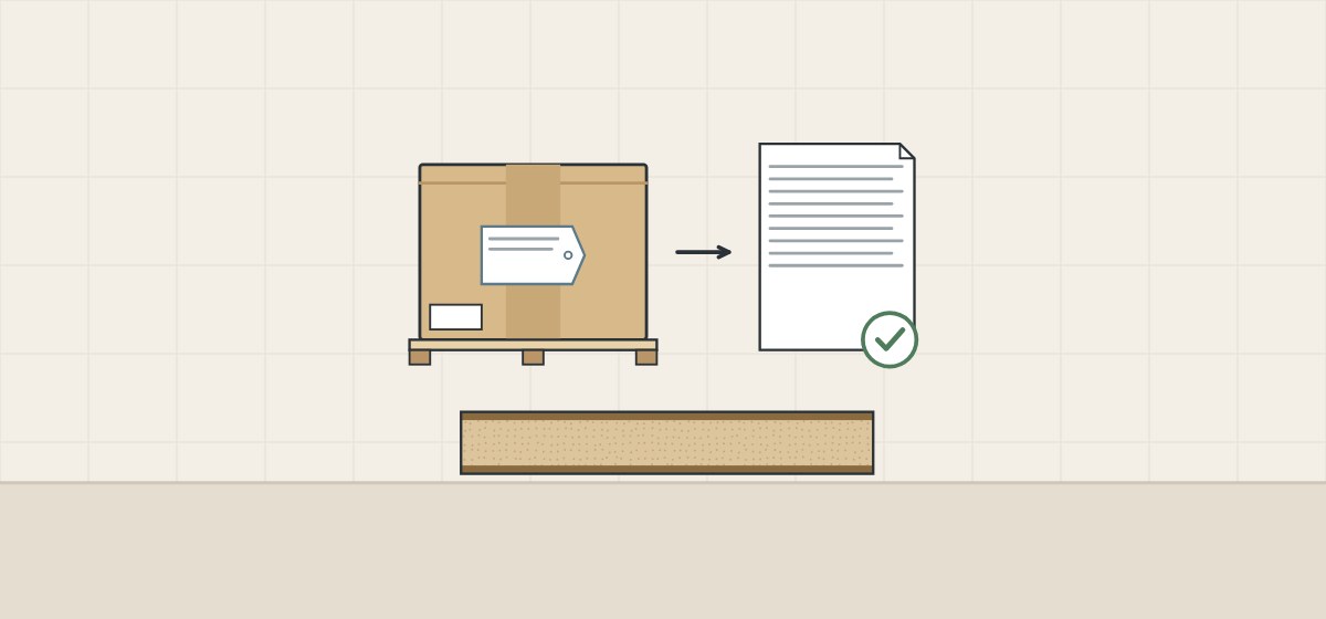 Illustration of a labeled carton on a pallet, a document with a check mark and a faced panel section