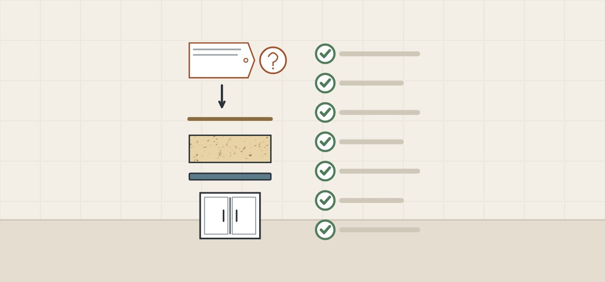Illustration of a label split into a facing sheet, a core, an edge band and a cabinet beside a checklist of seven checked lines