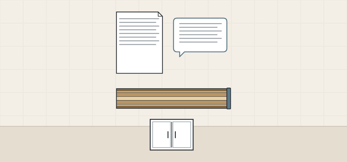 Illustration of a document, a message bubble, a faced board section and a cabinet