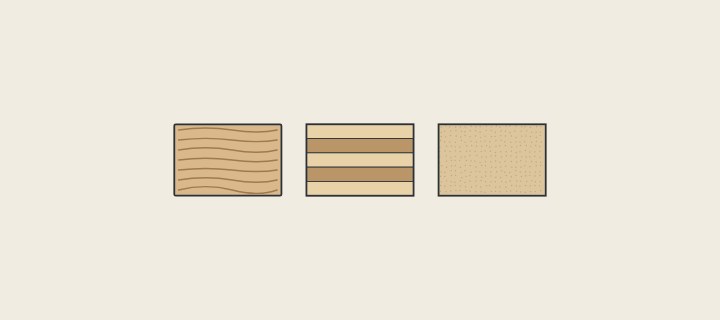 Illustration: a board with grain lines, a board in layers and a board with a fine even texture