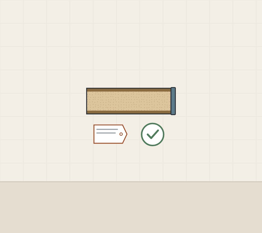 Illustration of a faced board section with a banded edge above a label and a check mark