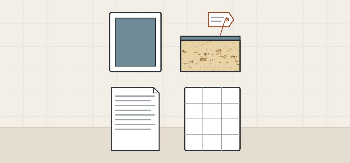 Illustration of a face photo, a tagged cut-edge sample, a data sheet and a component schedule