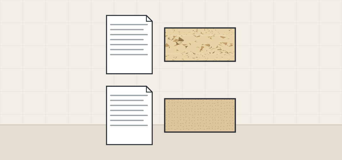 Illustration of two standard documents, one beside a particle edge and one beside a fine, even edge