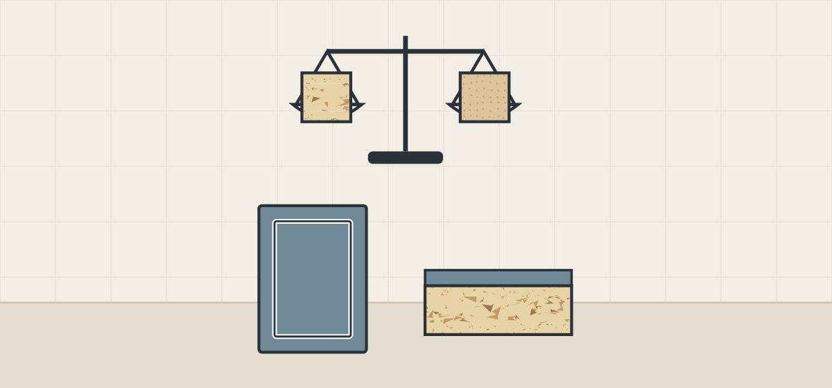 Illustration of a balance holding a particle block and a fine block above a routed door and a flat faced panel