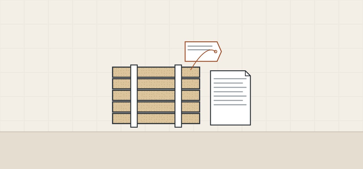 Illustration of a strapped bundle of panels with a label tag beside a record document