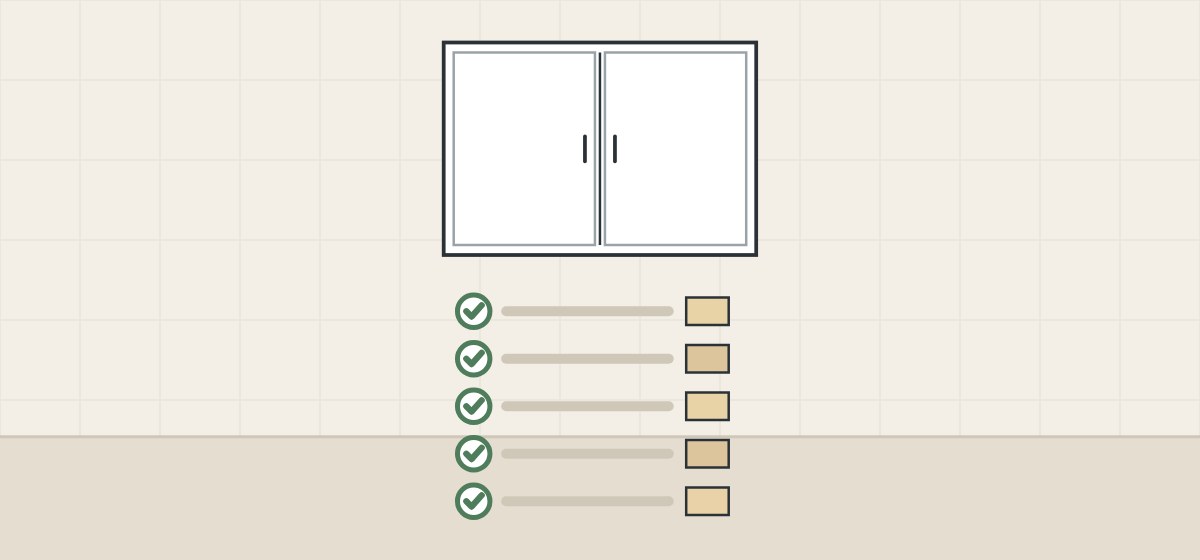 Illustration of a vanity cabinet above a five-line schedule with a core swatch on each line