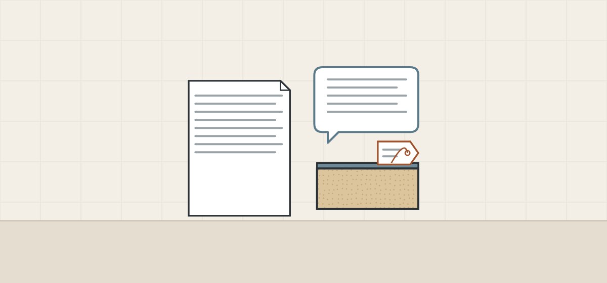 Illustration of a document, a message bubble and a tagged cut-edge sample