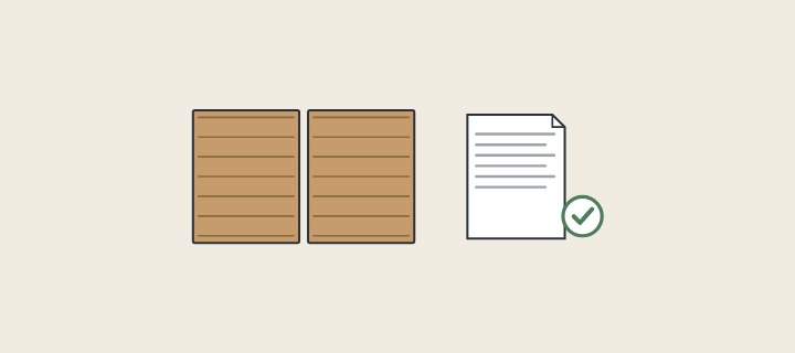 Illustration of two wood-grain door fronts beside a purchase document with a check mark